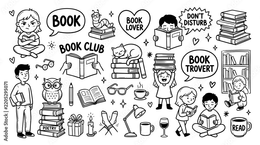 Fototapeta premium Cute Book Lover Doodle Vector Icons Set Reading Bookworm Girl Boy Library Isolated