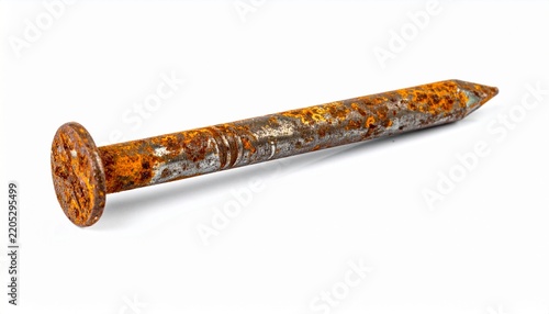 Single old rusty steel nail isolated on white background