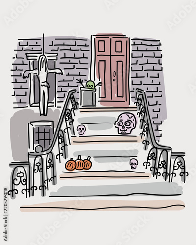 Halloween house decorations, hand drawn vector sketch of spooky house front view
