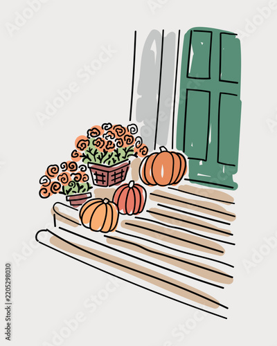 Halloween house decorations, hand drawn vector sketch of  house front view