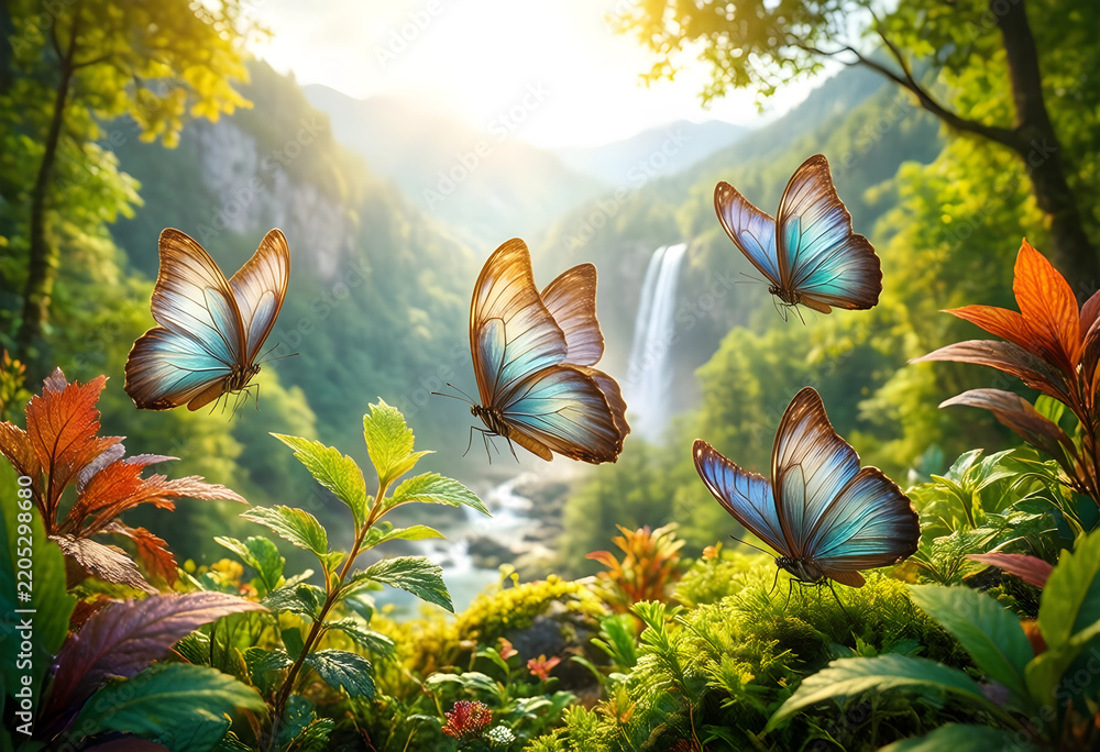 Fototapeta premium Biodiversity and ecosystem health, blue butterflies flying in a lush tropical rainforest with a waterfall and sunlight in the background