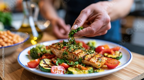 Hands Garnishing Grilled Fish and Vegetables with Fresh Herbs in Kitchen