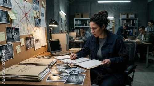 Detective woman working at desk in crime investigation room with evidence board and photos