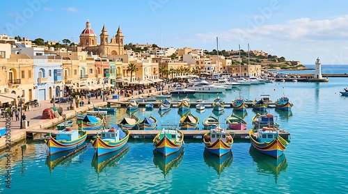 Traditional colorful luzzu fishing boats moored in the clear blue waters of Marsaxlokk harbor with historic Mediterranean architecture and a lighthouse in the background.