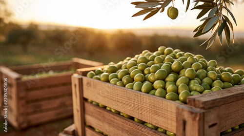 Fresh green olives harvested in wooden crates during golden sunset in an olive grove. Ideal for agricultural production and olive oil concepts.