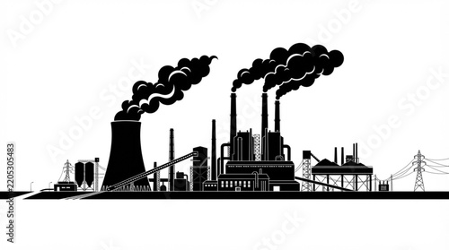 Heavy Industry and Power Plant Factory Silhouettes with Smoke Chimneys Vector Design  