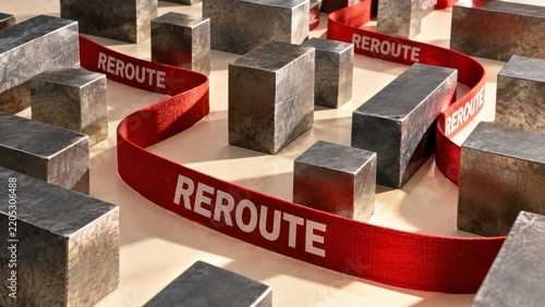 Red reroute tape winding through metal blocks