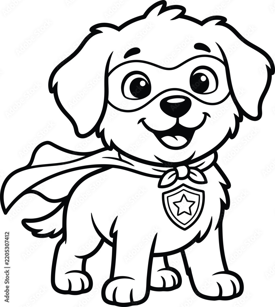 Fototapeta premium Cute Superhero Puppy With Cape and Mask Coloring Page