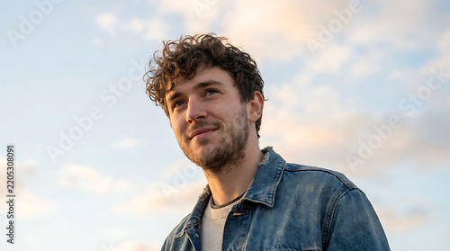 A young adult man with curly brown hair and a light beard looking upward outdoors against a soft cloudy sky. Portrait orientation with natural lighting.