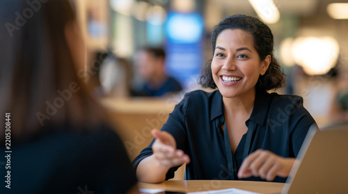 Faceless college advisor smiling warmly while engaging in a counseling session with a student at a wooden desk in an advising center, with copy space