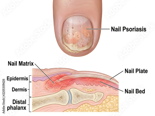 Nail Psoriasis Medical Infographic Showing Clinical Nail Symptoms and Sagittal Cross Section Anatomy with Nail Matrix and Bed Isolated on White