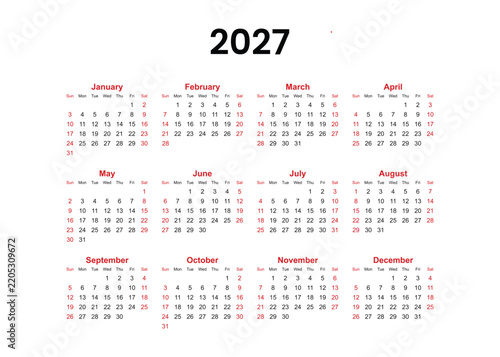2027 Calendar Design Template with Monthly Grid Layout Vector. Yearly Planner Template, Week View, Minimalist Style, Digital Illustration.