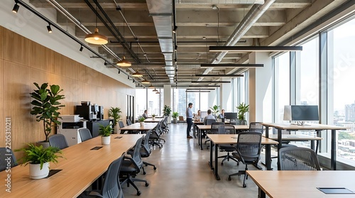 Spacious modern office interior featuring long wooden shared desks, ergonomic chairs, large windows with natural daylight, and business professionals working on laptops in a corporate workplace.