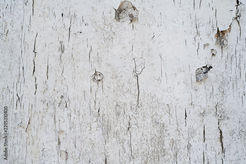 Old white painted wood texture with heavily cracked and peeling paint