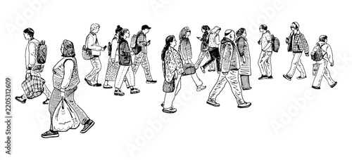 People crowd, casual city pedestrians walking on urban street, side view, realistic outline vector hand drawn illustration, white background