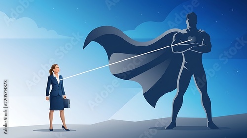 An illustration of a professional woman connected by a beam of light to a large abstract superhero figure, symbolizing inner power, self belief, and support.