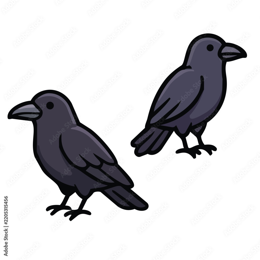 Fototapeta premium Two cute cartoon black crows or ravens with thick outline Halloween illustration