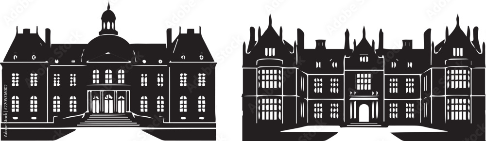 Fototapeta premium Historic mansion and palace silhouette illustration set with dome, gables, chimneys, symmetrical architecture, classical estate building design