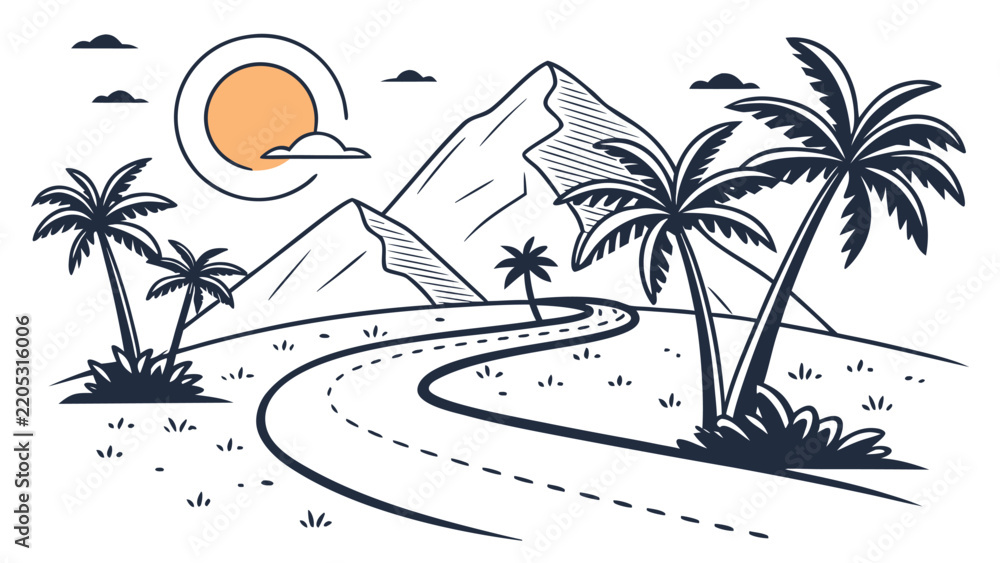 Fototapeta premium Tropical Mountain Road Adventure Modern Flat Vector