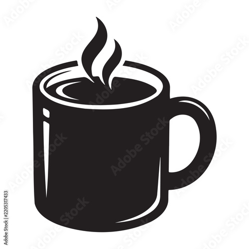 Black and white graphic icon of a steaming mug of hot coffee with hot beverage