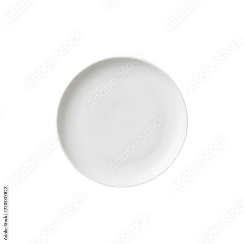 Top view of a simple white ceramic plate isolated on transparent background