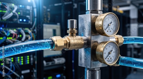Macro shot of a brass liquid cooling valve and pressure gauges with blue coolant tubing inside a modern server room.