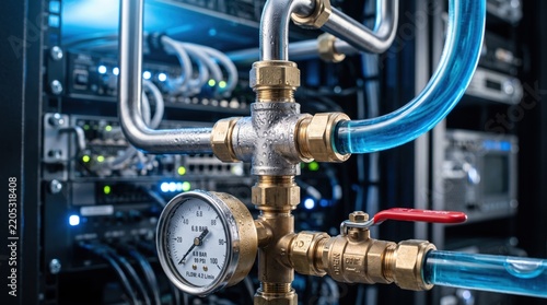 Close-up of a red-handled brass shut-off valve and pressure gauge showing flow rate on a liquid cooling line inside a server room.
