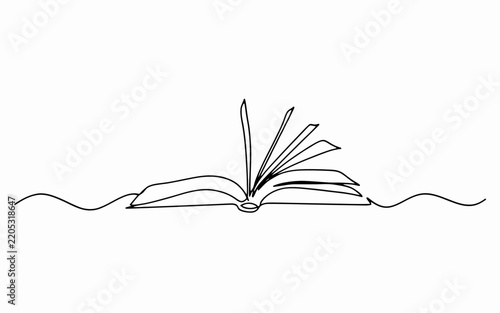 Simple line drawing of open book with quill pen on page