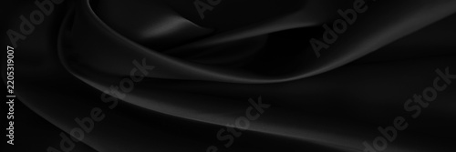 Black dark black white silk satin background. Drapery curtain. Elegant luxury. Soft fold. Geometric. Shiny shimmer glossy smooth fabric. Curved wavy lines, swirl. Design. Wide banner.