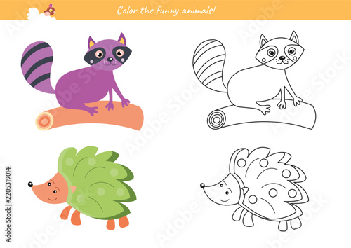 Educational coloring worksheet for children featuring a task Color the funny animals! The activity page includes a cute cartoon raccoon sitting on a log and a friendly hedgehog.