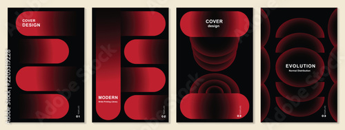 Abstract red gradient poster templates set. Vector dark backgrounds for vertical poster and brochure creative layouts gradient circles, curves and geometric shapes.