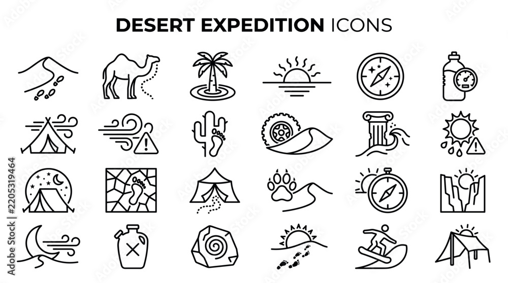 Fototapeta premium A collection of black line vector icons representing desert expedition themes including camping, adventure, navigation, heat, and nature. Ideal for travel blogs, maps, or UI projects.