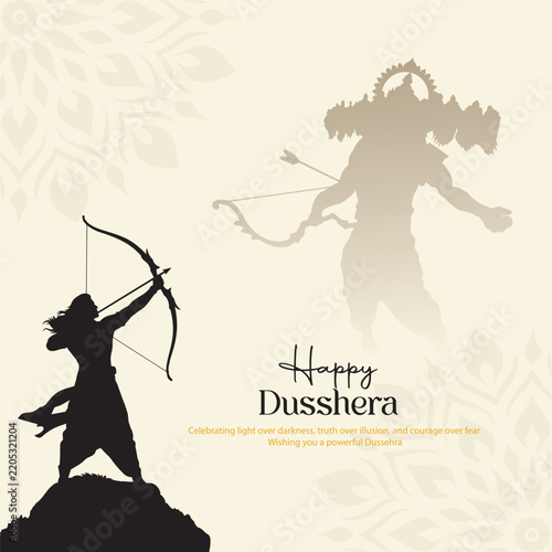 Happy Dussehra festival of India poster design. Lord Rama killing Ravana. Creative vector illustration