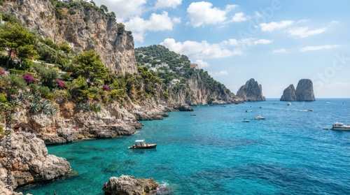 Stunning coastal view of Capri island with turquoise water and famous Faraglioni rock formations on a bright summer day