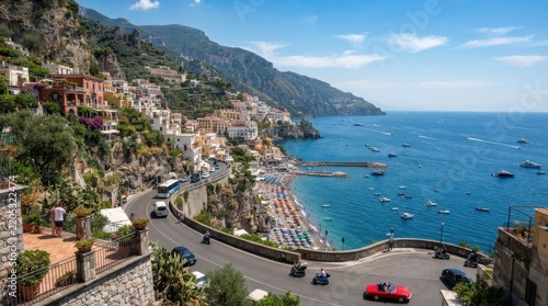 Stunning coastal view of Positano village on the Amalfi Coast in Italy with the blue sea