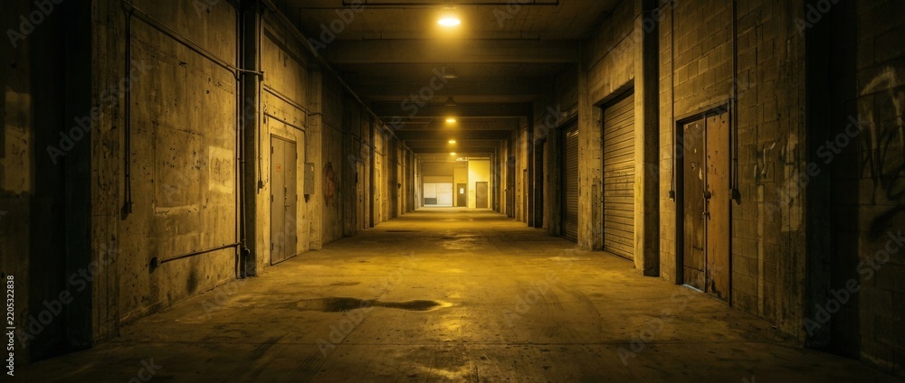 Fototapeta premium Dark Industrial Corridor with Yellow Light Concrete Walls and Doors