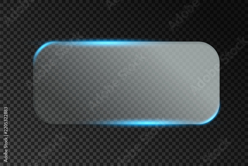 Transparent glass panel with glowing blue neon frame for futuristic digital interface design.