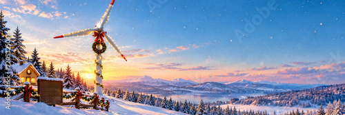 Snowy mountain village with decorated wind turbine, illuminated cabin, evergreen forest, and pastel sunset winter landscape panorama