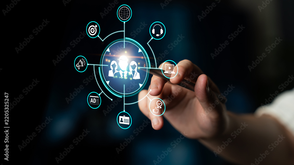 Obraz premium Hand Interacting with Virtual Digital Interface Displaying Icons and Data Representations of Technology and Communication Concepts Fluxor.