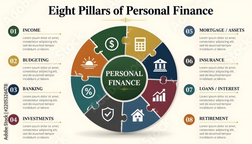 Eight Pillars of Personal Finance – Circular Infographic Wheel with Icons