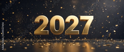 Golden 3D 2027 new year banner with sparkling confetti