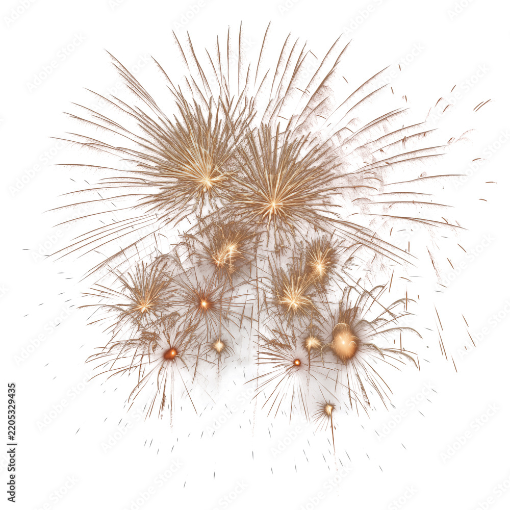 Fototapeta premium Isolated bright golden firework explosion with beautiful light trails on white background transparent background