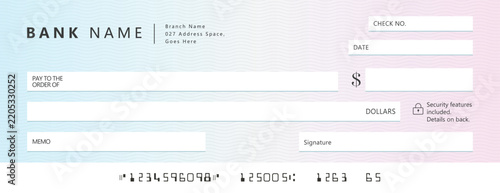 Blank bank cheque template vector illustration with pastel pastel gradient, security features icon, and MICR code line for payment mockup. (139 characters)   