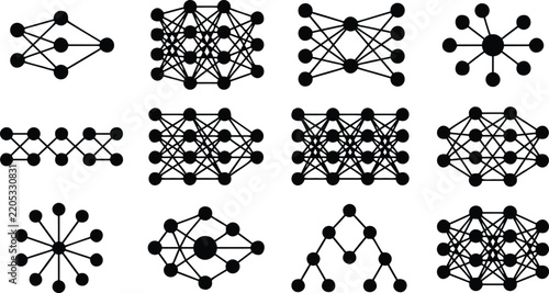 Network node icon set in solid black silhouette