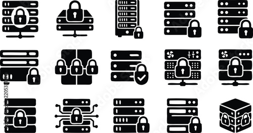 Server security icon set in solid black silhouette