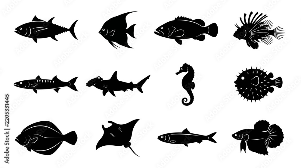Obraz premium Vector Marine Fish Silhouette Collection Set, Ocean Seafood Wildlife Icons, Tropical and Predatory Species Clipart Bundle, Aquatic Vector Design Elements Pack