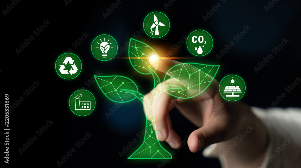 Obraz premium Person hand touching digital tree graphic representing sustainability, eco-friendly concepts, renewable energy, and environmental conservation elements in modern design Quark.