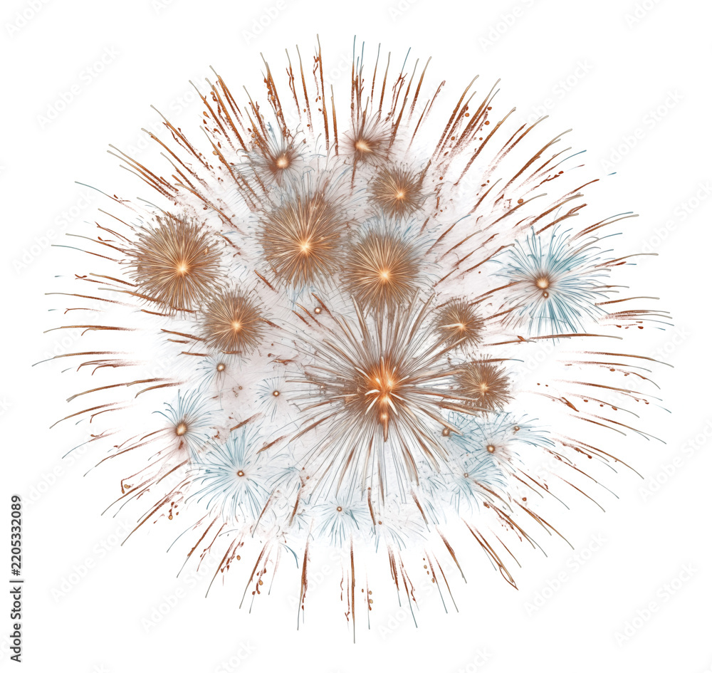 Fototapeta premium Isolated glowing bronze and blue firework explosion burst on white background transparent background