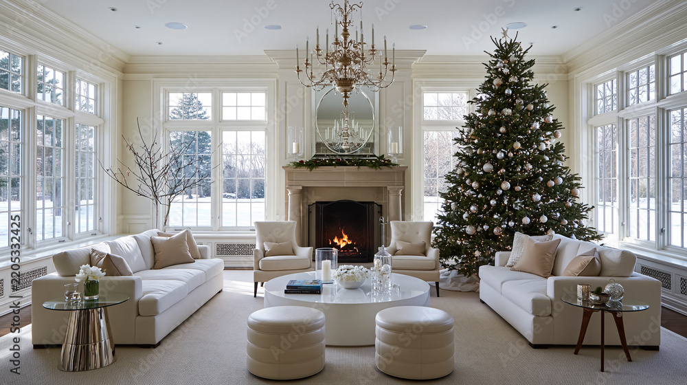 Obraz premium Luxurious living room decorating for Christmas, featuring a festive tree, cozy fireplace, and elegant furnishings, celebrating holiday traditions