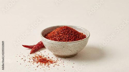 Korean chili flakes in a ceramic bowl with dried red peppers on a white background for spicy cooking recipes